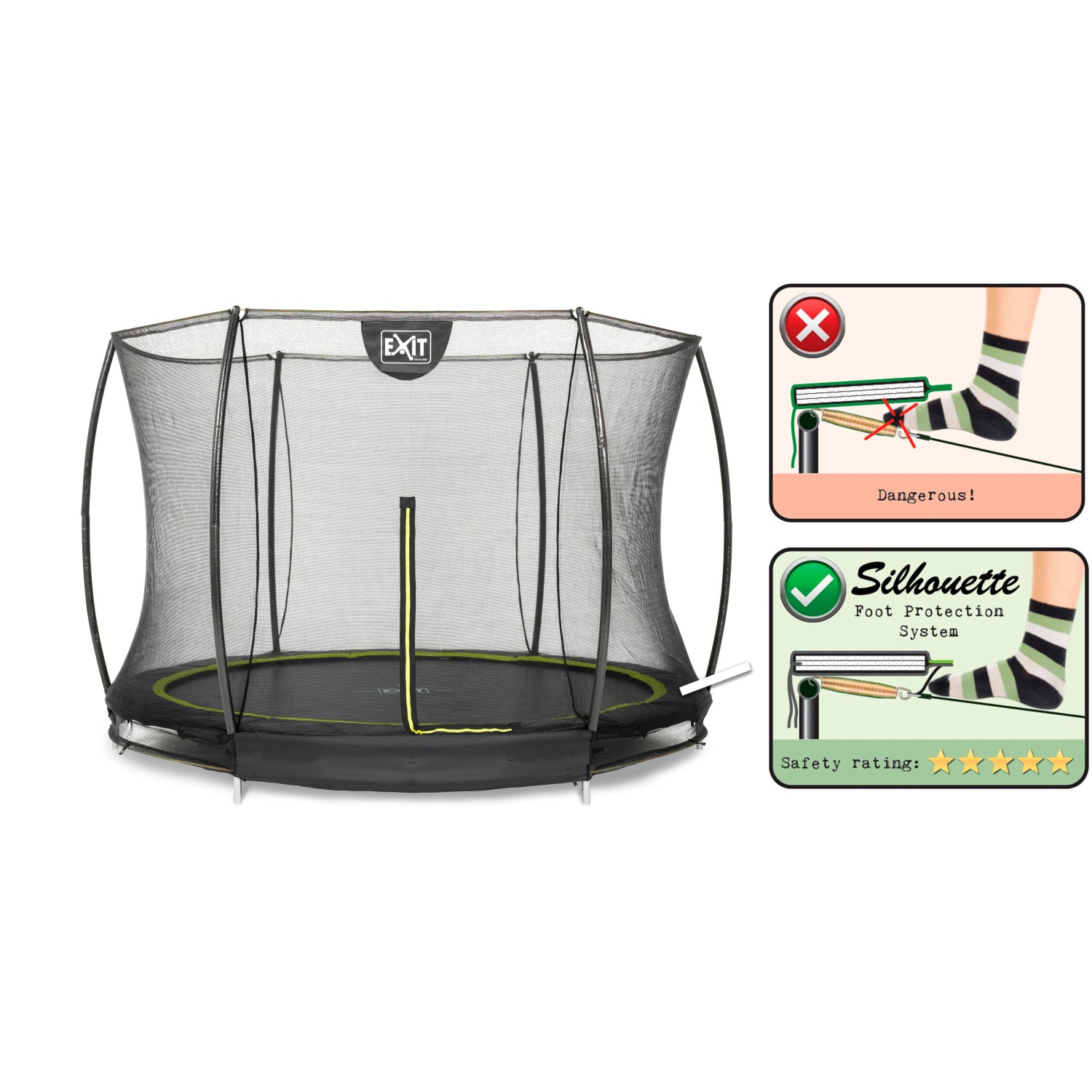 Schwarzes EXIT Silhouette Bodentrampolin (D366cm) mit Sicherheitsnetz und Fußschutzsystem.