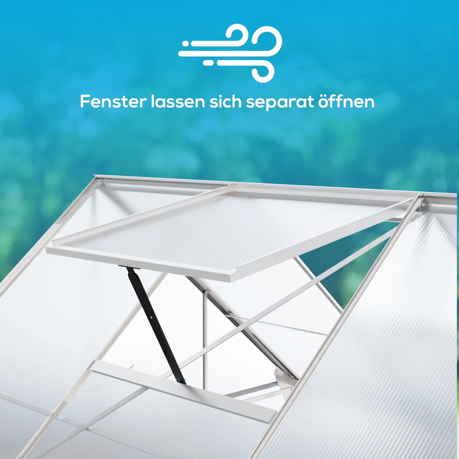 Garmio Gewächshaus Cuneo mit geöffnetem Dachfenster für gute Belüftung.