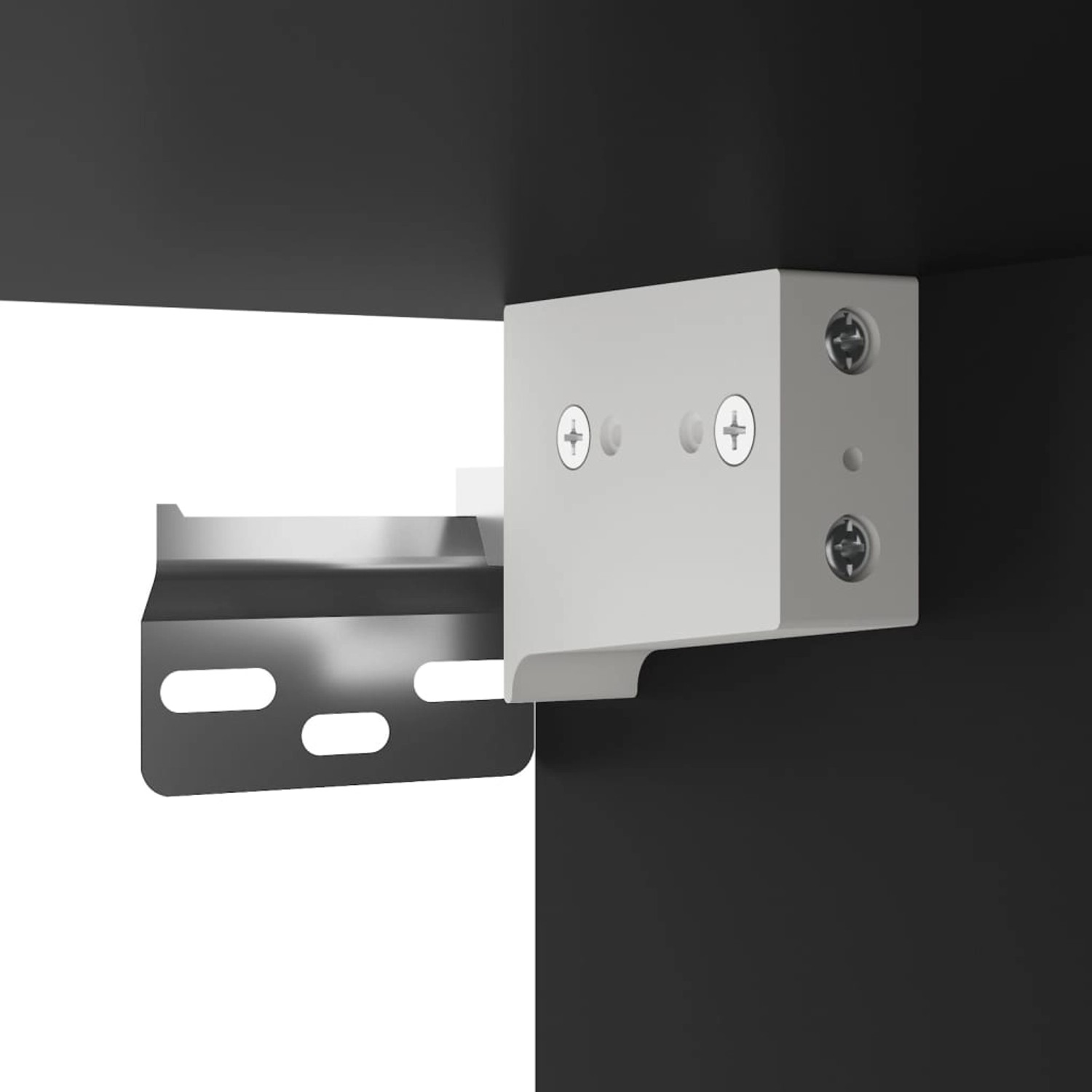 Detailaufnahme der Wandmontage eines schwarzen Nachttischs.