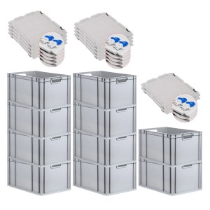 PROREGAL SuperSparSet: 10 graue Euroboxen mit Deckel und blauen Verschlüssen, 65 Liter.