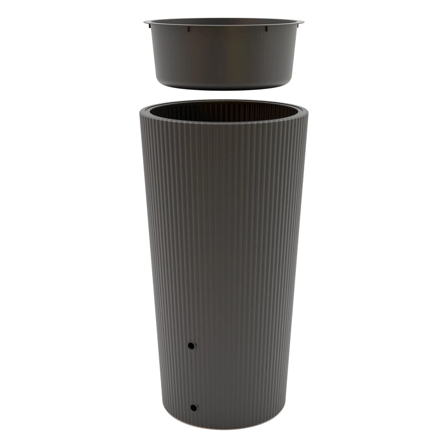 Anthrazitfarbene Regentonne Wave 2in1 mit Pflanzeinsatz, 200 l Fassungsvermögen.