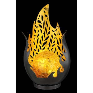 Globo Solarleuchte aus Metall, 26,5 cm, schwarz matt mit goldfarbenen Akzenten und amberfarbener Glaskugel.