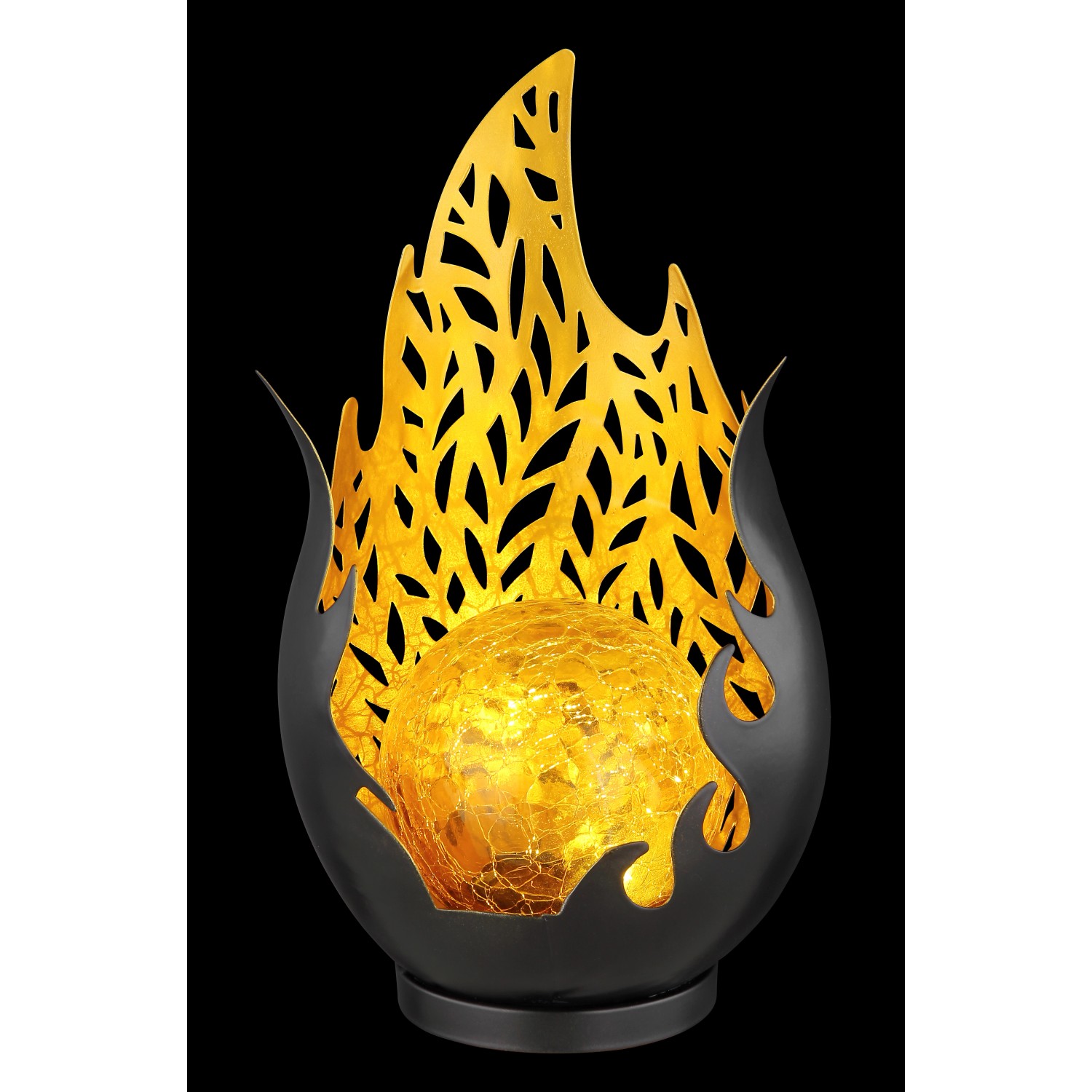 Globo Solarleuchte aus Metall, 26,5 cm, schwarz matt mit goldfarbenen Akzenten und amberfarbener Glaskugel.