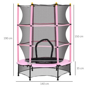 Rosa HOMCOM Kindertrampolin aus Stahl und Kunststoff mit Sicherheitsnetz, 140x140x190cm.