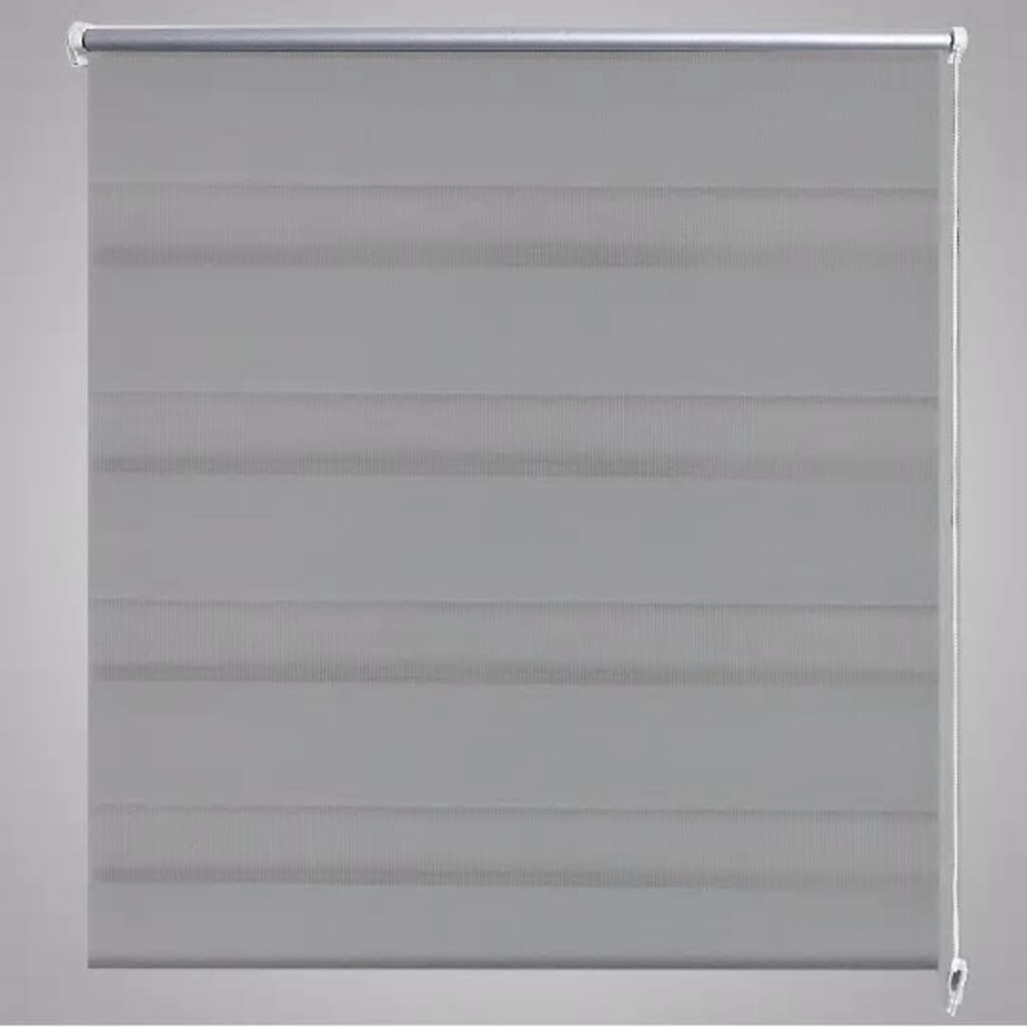 Graues Doppelrollo, 40x100 cm, mit transparenten und blickdichten Streifen für variable Lichtsteuerung.