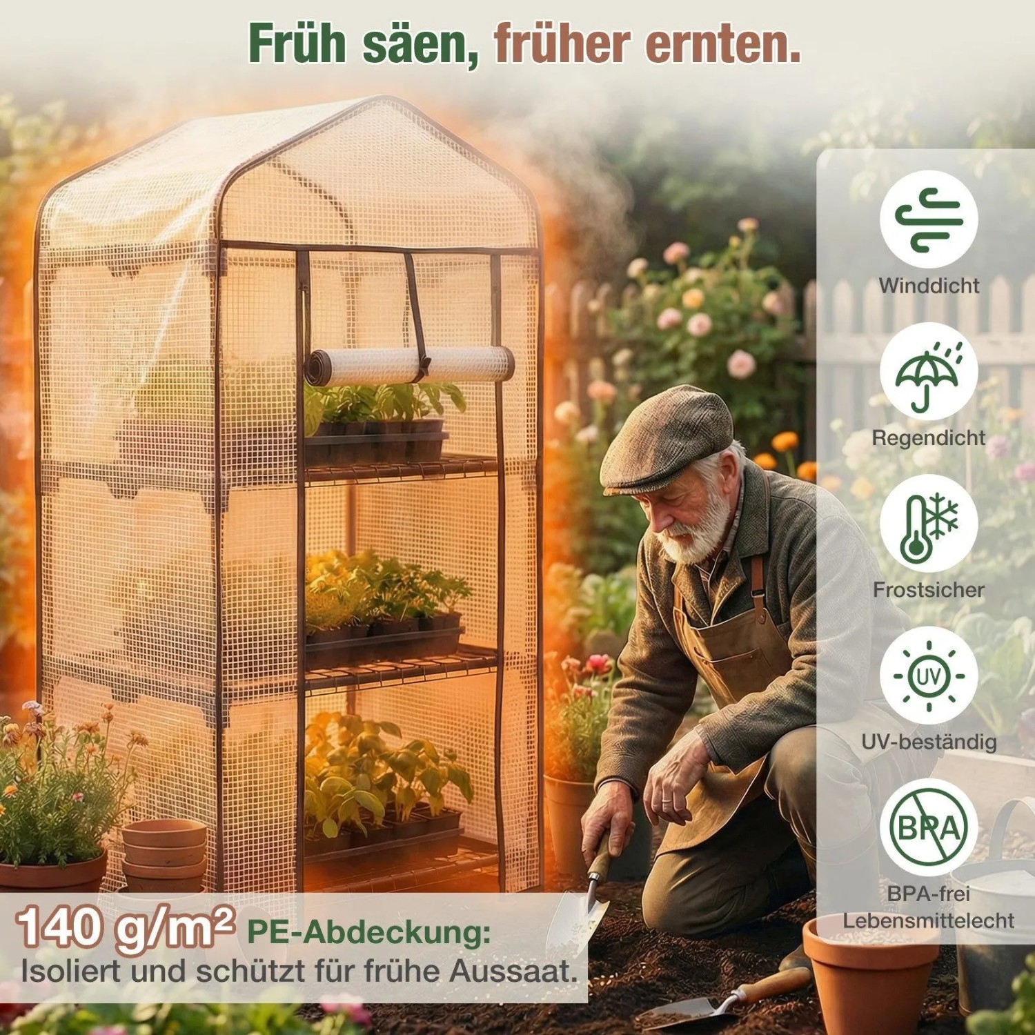 Transparentes Foliengewächshaus mit 3 Etagen für Pflanzen im Garten. UV-Schutz, wind- & regendicht, frostfest. Ideal für Tomaten & Anzucht.