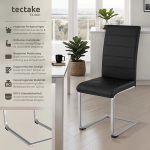 Tectake Schwingstuhl Bettina, schwarz, gepolstertes Kunstleder, hoher Rücken, Stahlrahmen. Modernes 6er Set Esszimmerstühle.