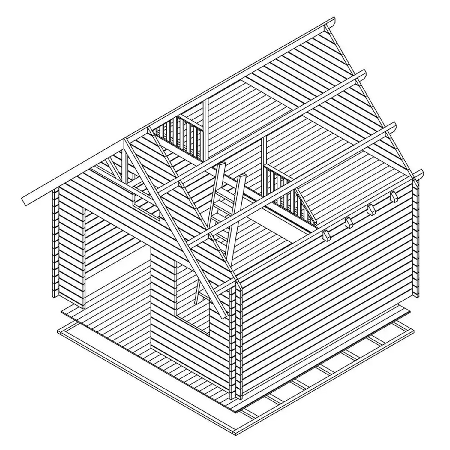 Illustration eines Alpholz Schwedenhaus Gartenhauses (461x472cm) im Aufbau, tauchimprägniert.