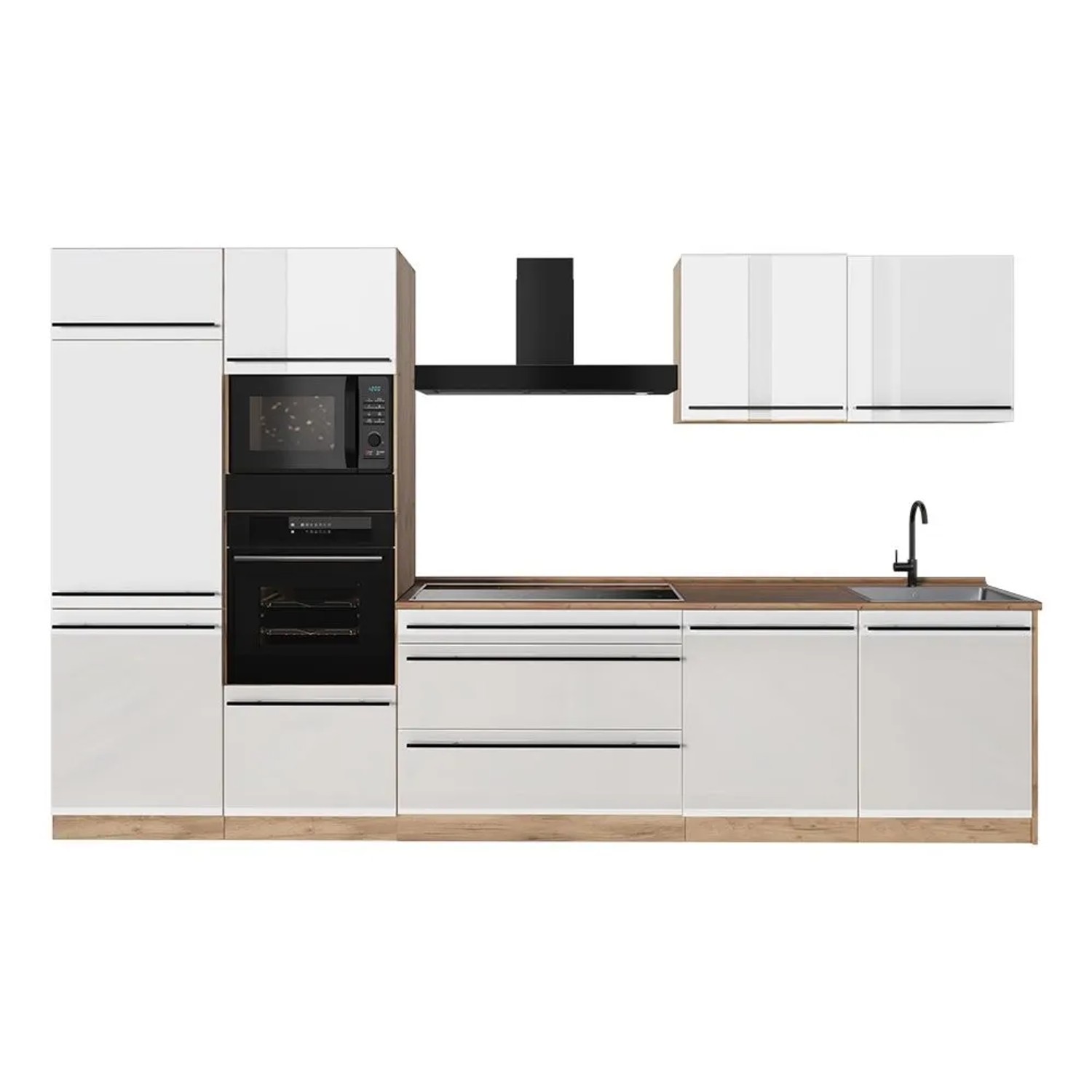 Vicco Küchenzeile R-Line Weiß Hochglanz/Goldkraft Eiche 340 x 207 ohne Arbeitsplatte Art Nr 66584