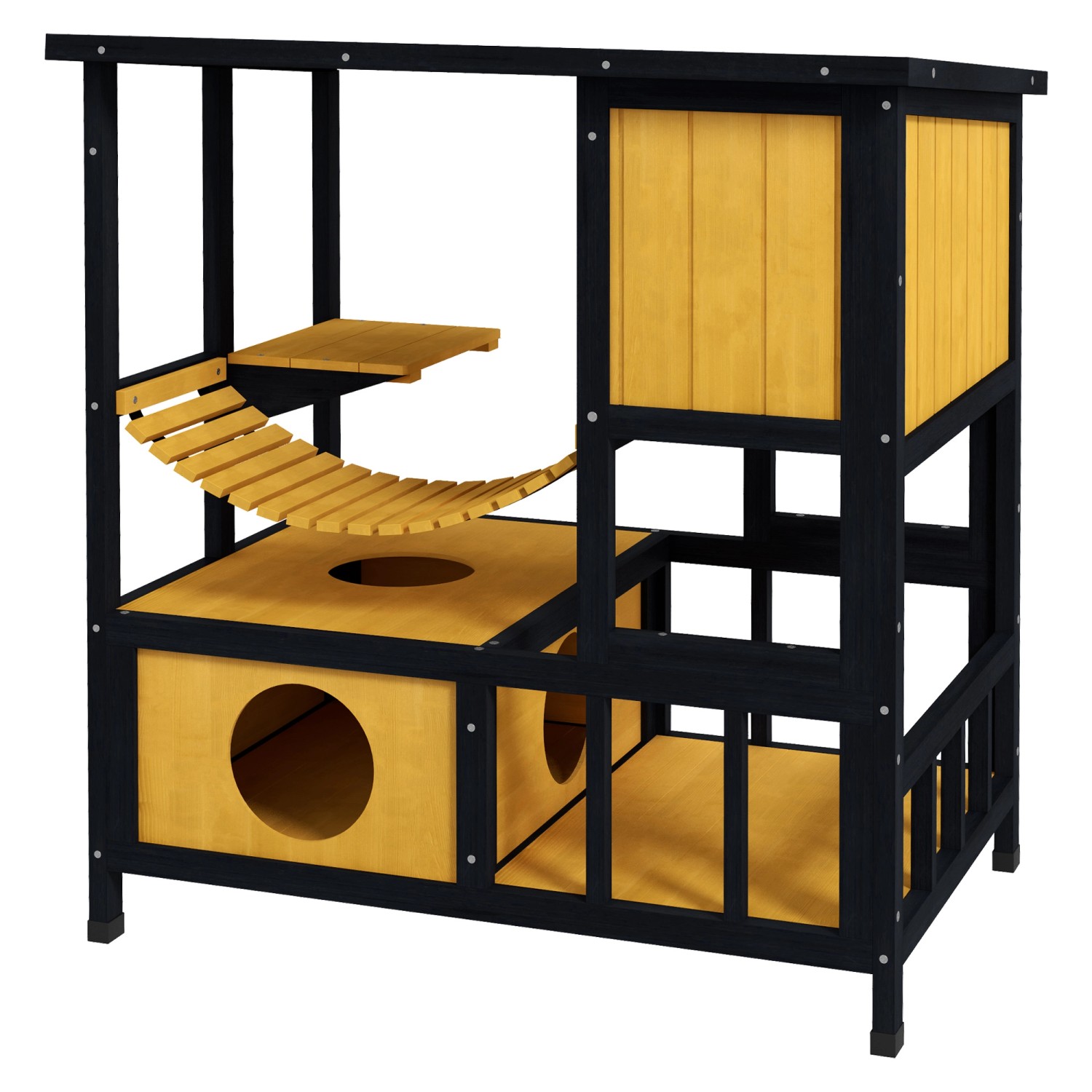 PawHut Outdoor-Katzenhaus Kiefernholz Tannenholz Gelb Schwarz 84,5L x 60B x 88H cm