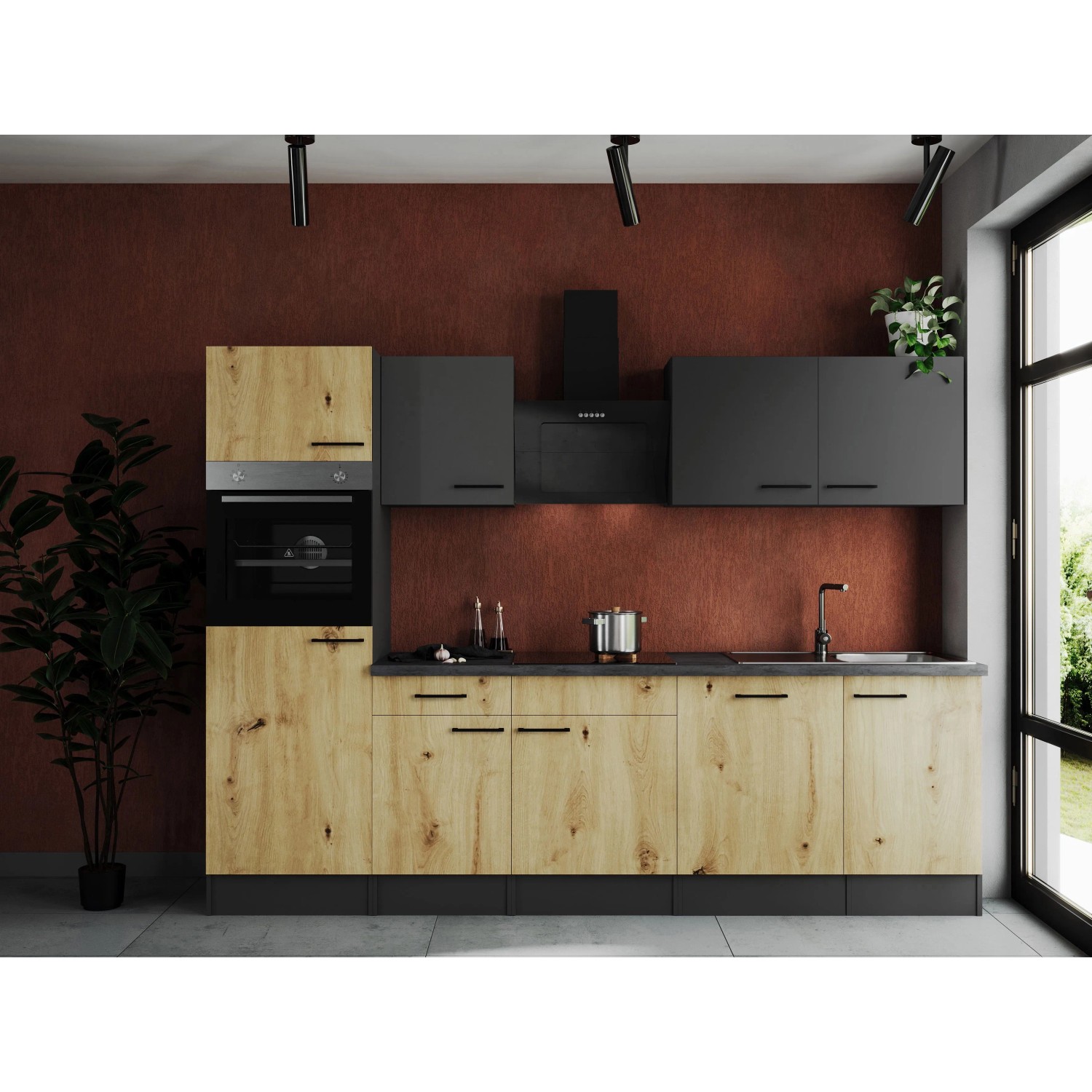 Respekta Küchenzeile Oliver 280 cm Artisan Eiche / Grau Matt