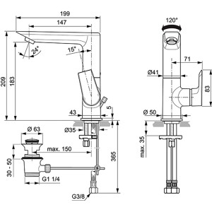 Technische Zeichnung: Ideal Standard Tesi Waschtischarmatur mit hohem Auslauf, Chrom, Maße und Details.