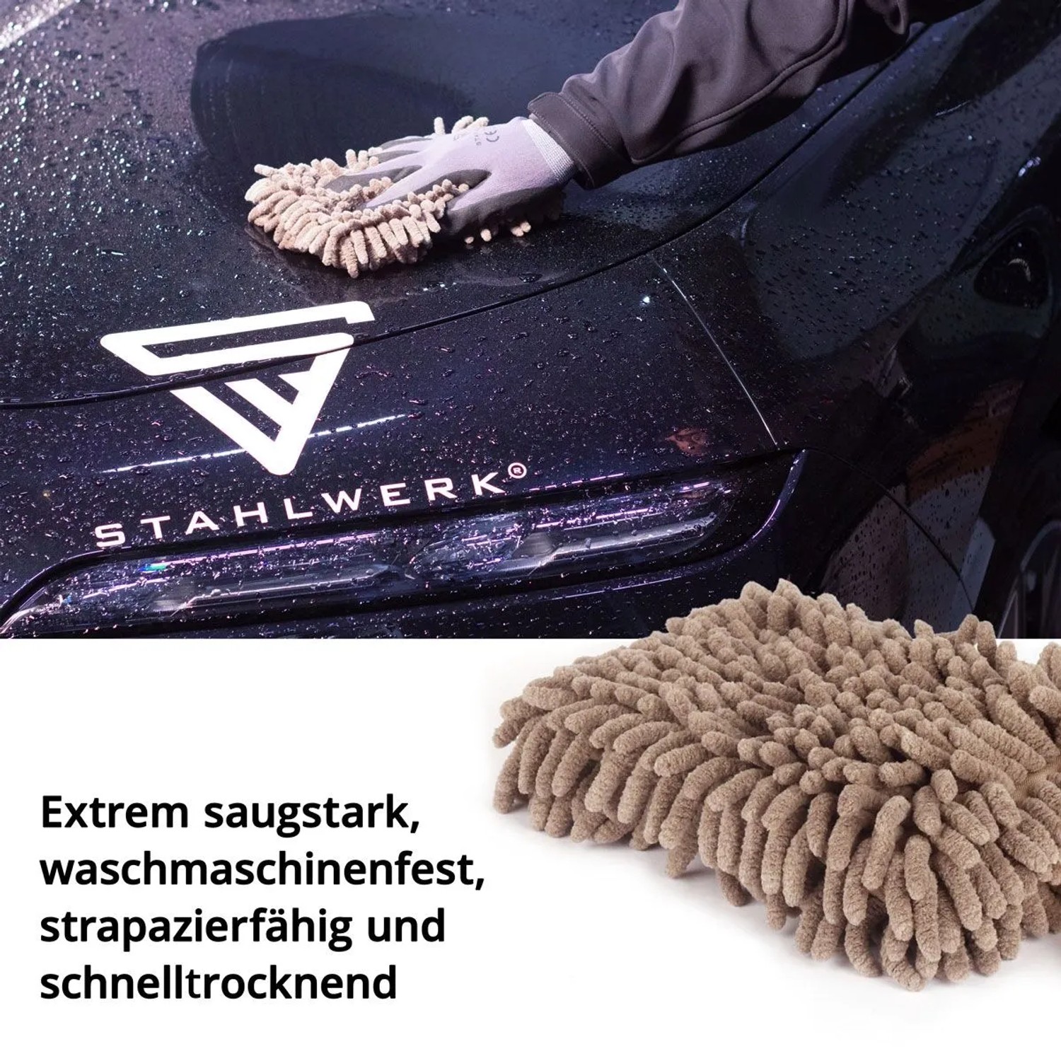 Hand reinigt dunkles Auto mit beigem Mikrofaser Autowaschhandschuh. Ideal für Autopflege, saugstark & waschmaschinenfest.