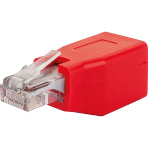 Roter Schwaiger CAT 6 Crossover Adapter mit RJ45 Stecker und Buchse für Netzwerktechnik.