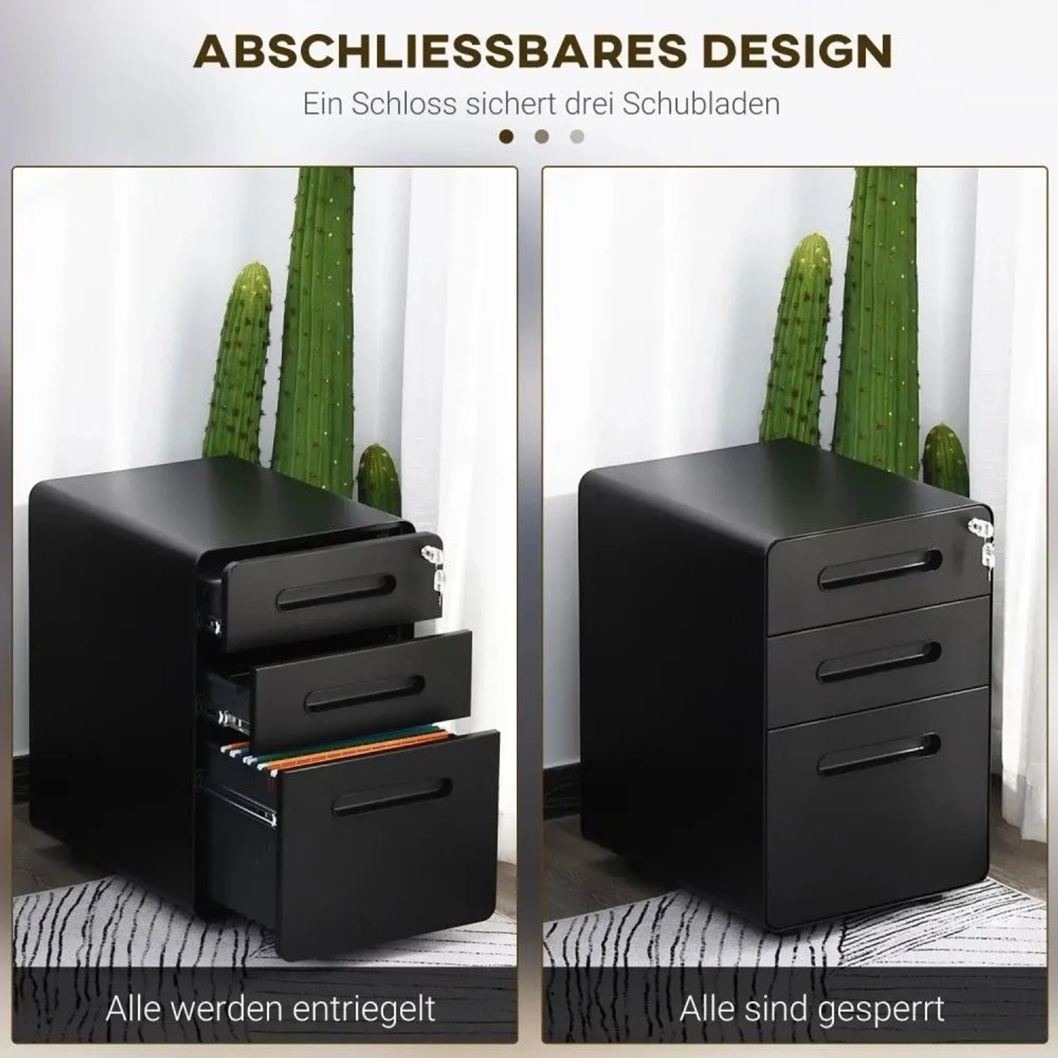 Schwarzer Stahl Rollcontainer mit 3 abschließbaren Schubladen, offen und geschlossen gezeigt. Mobiler Büroschrank.