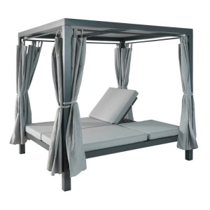 Graue MCW Lounge-Gartenliege J66 mit verstellbarer Rückenlehne, Olefin-Polstern und Vorhängen. Für Garten & Terrasse.
