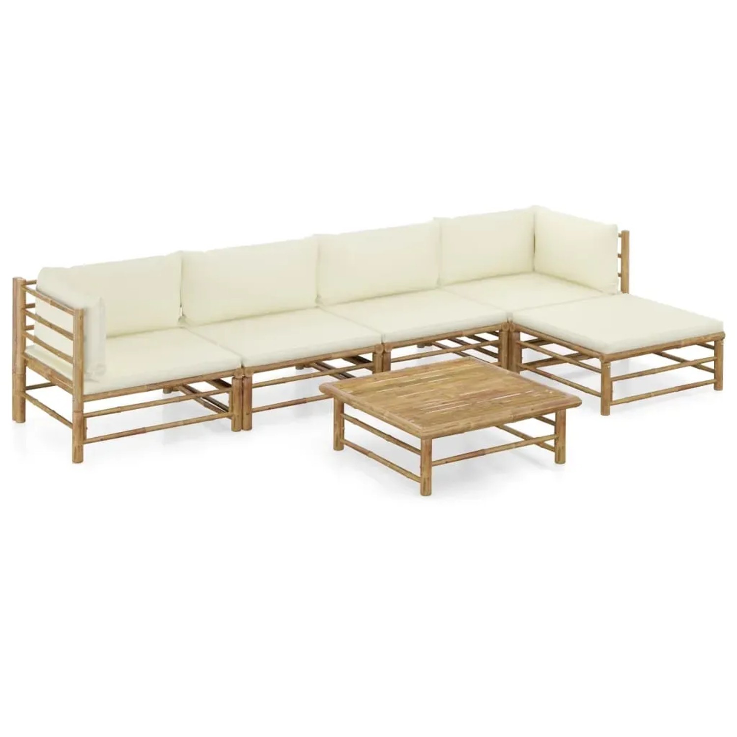 vidaXL 6-tlg. Garten Lounge Set aus Bambus mit cremeweißen Kissen.