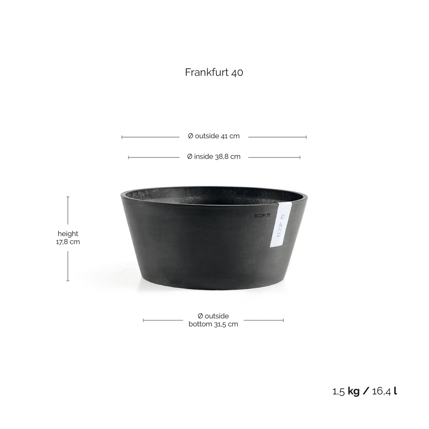 Dunkelgraue Ecopots Pflanzschale Frankfurt, 40 cm. Runde Form, ideal für Innen- und Außenbereich.