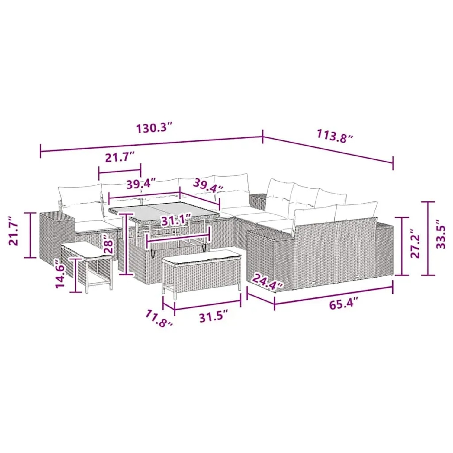 vidaXL Gartenmöbel-Set, 13-teilig, schwarz, Poly Rattan, mit Tisch und höhenverstellbarer Funktion.