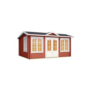 Lasita Maja Gartenhaus Windsor 44 in Schwedenrot mit Doppeltür und Fenstern.