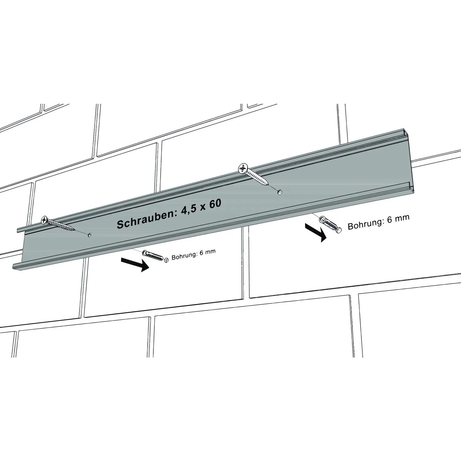 Montage Bruns Gerätehalter: Graue Aluminiumschiene mit Schrauben an Ziegelwand. Bohrmaße 6mm für Werkstatteinrichtung.