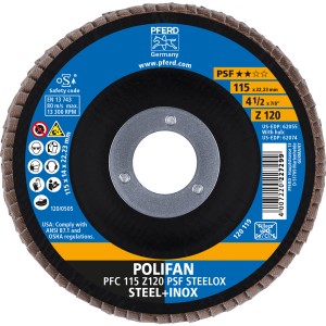 Pferd Fächerscheibe Polifan PSF PFC Steelox, 115 mm Durchmesser, für Schleifmaschinen.