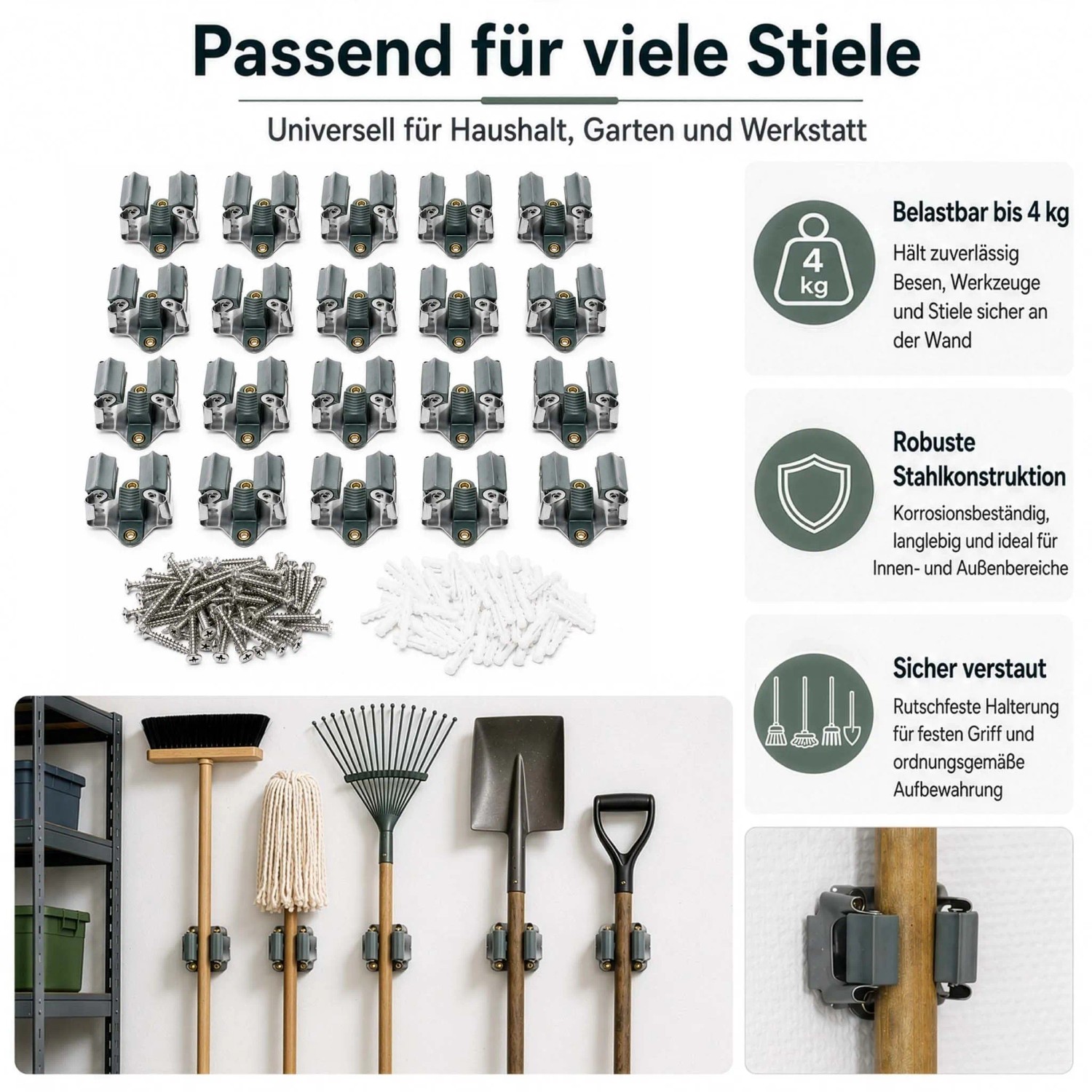 20 Wiltec Stahl Gerätehalter, Wandhalterung für Besen & Werkzeuge, mit Schrauben & Dübeln, in Nutzung.