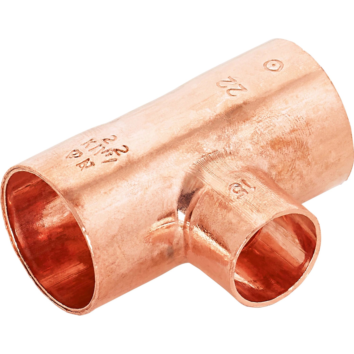 Löt-Reduzier-T-Stück aus Kupfer, 22 mm x 15 mm x 22 mm, für Kupferrohre.