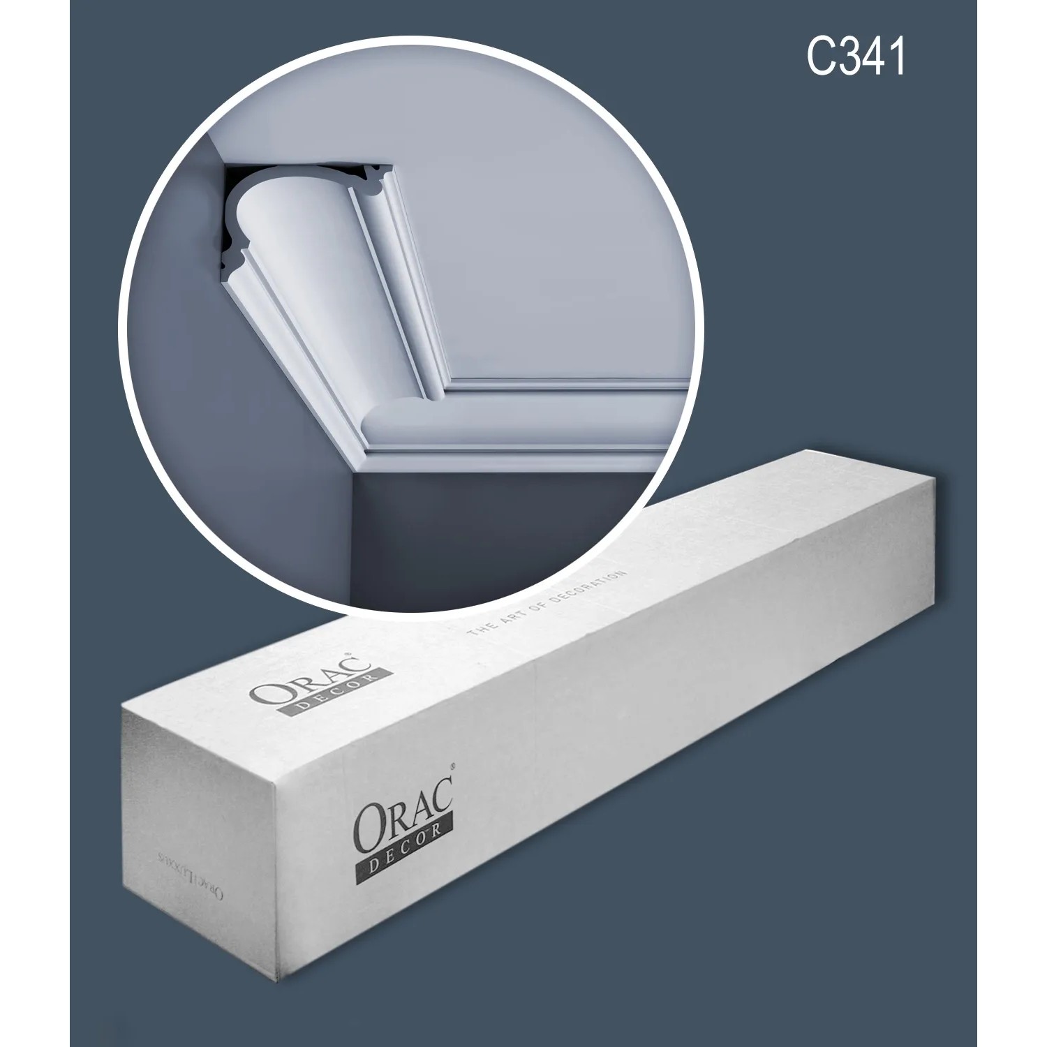 ORAC DECOR C341 LUXXUS Zierleisten Set mit 12 weißen Stuckleisten (24m) und Anwendungsbeispiel.