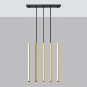 Sollux Pastelo Pendelleuchte mit 5 goldenen Röhren als moderne Lampe.