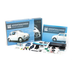 Westfalia Adventskalender Fiat 500 (Blau) aus Karton mit Bauteilen für ein Modellauto.