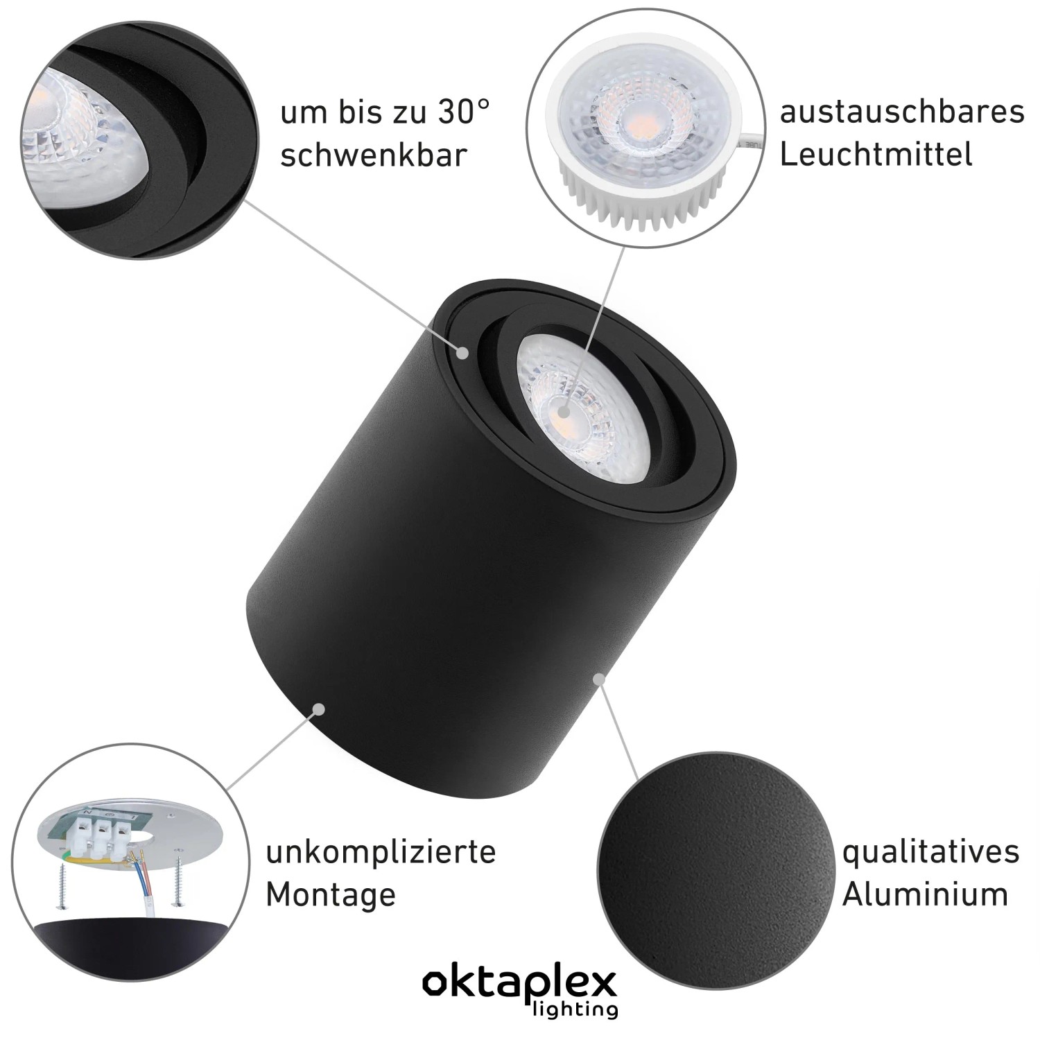 Oktaplex Lile M Aufbaustrahler 9er Set, schwarz, schwenkbar, mit LED-Modul für Lampen & Leuchten.