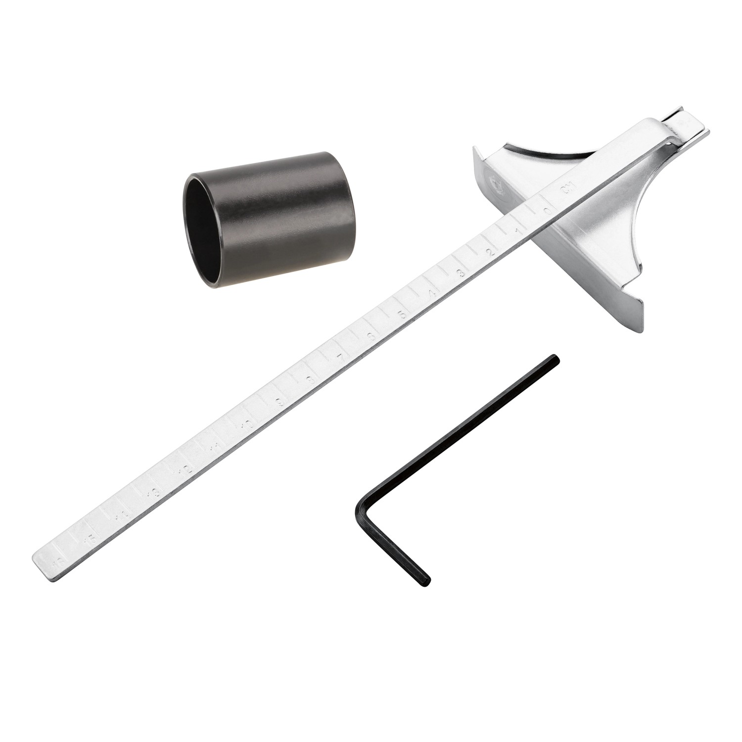 Zubehör für LUX Akku-Winkelschleifer: Tiefenanschlag, Stirnlochschlüssel und Distanzhülse.