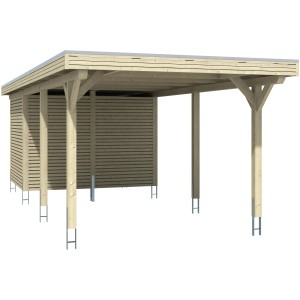 Skan Holz Carport Spessart mit Abstellraum, Eiche hell, 355x846cm. Einzelcarport aus Holz mit Flachdach.
