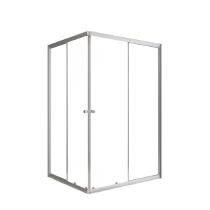Schulte Sunny Eckdusche mit 4-teiliger Schiebetür, Klarglas und silbernen Aluminiumprofilen.