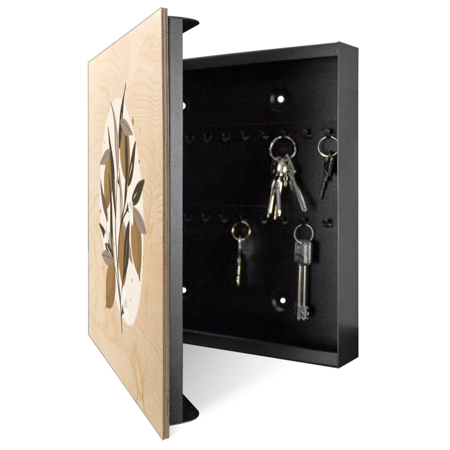 Offener, schwarzer Schlüsselkasten aus Holz (30x30cm) mit Zitronenzweig-Motiv und 50 Haken zur Schlüsselaufbewahrung.