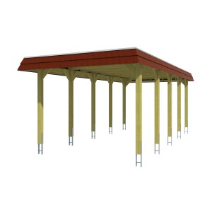 Skan Holz Walmdach-Carport Spreewald mit roter Blende, Holzkonstruktion mit Aluminiumplatten.