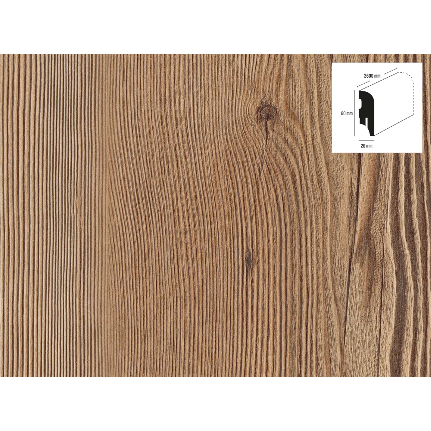 Sockelleiste Hemlock, 60x20x2600 mm, Kiefer-Optik. Fußleiste mit Kabelkanal zur einfachen Montage.
