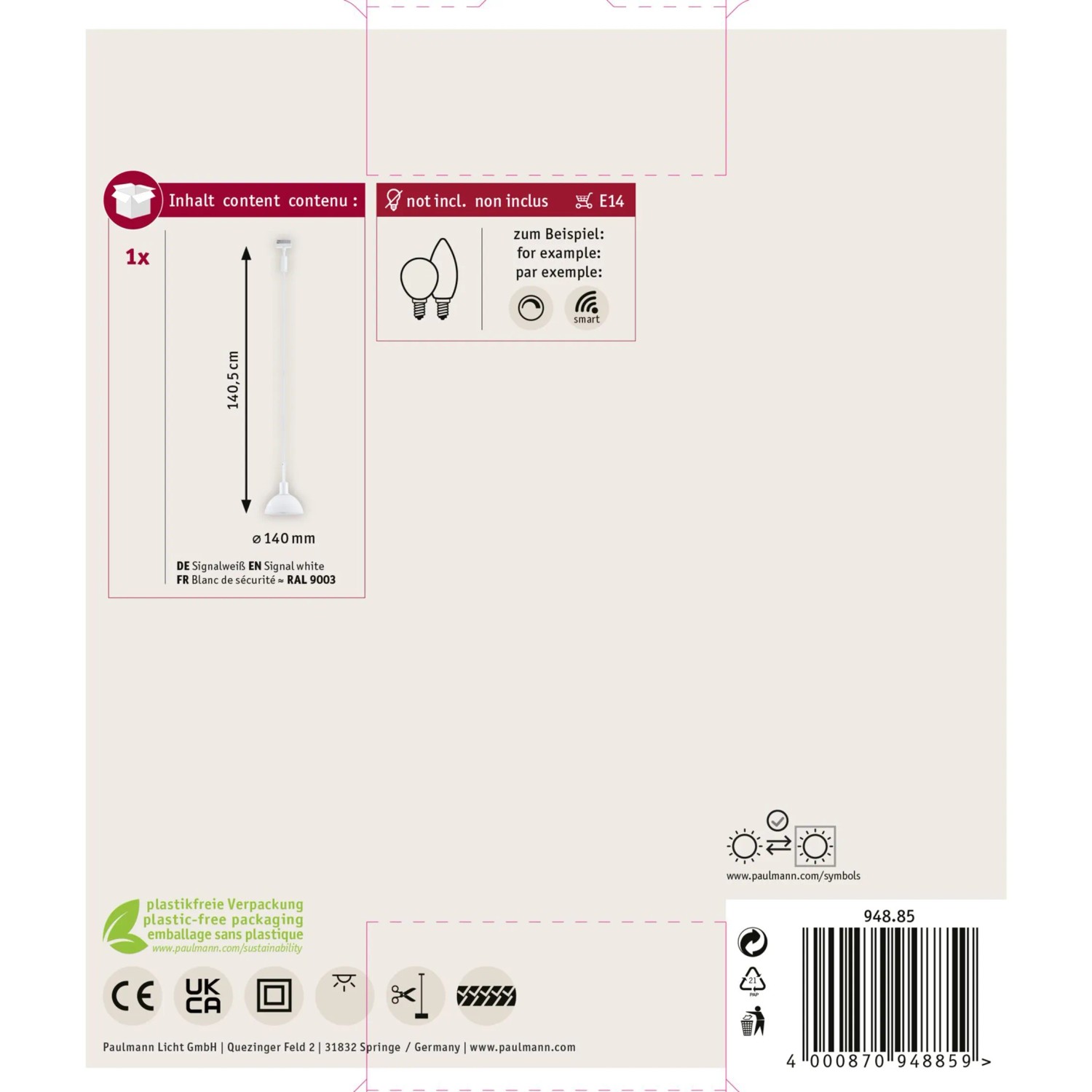 Verpackung der Paulmann URail Pendelleuchte Sarrasani, signalweiß, 140cm, E14 Fassung.