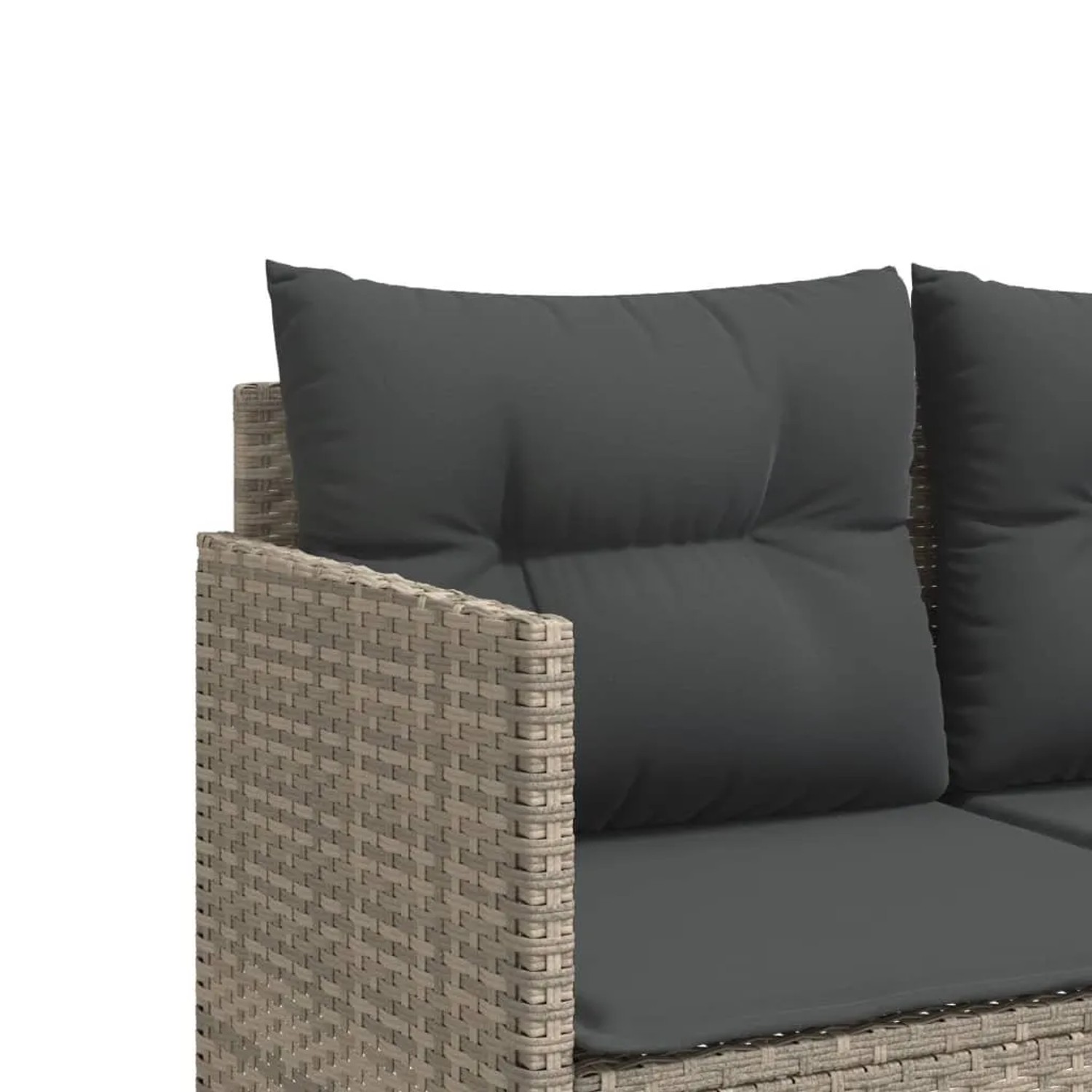 Hellgraue 5-tlg. Garten-Sofagarnitur aus Polyrattan mit grauen Kissen.