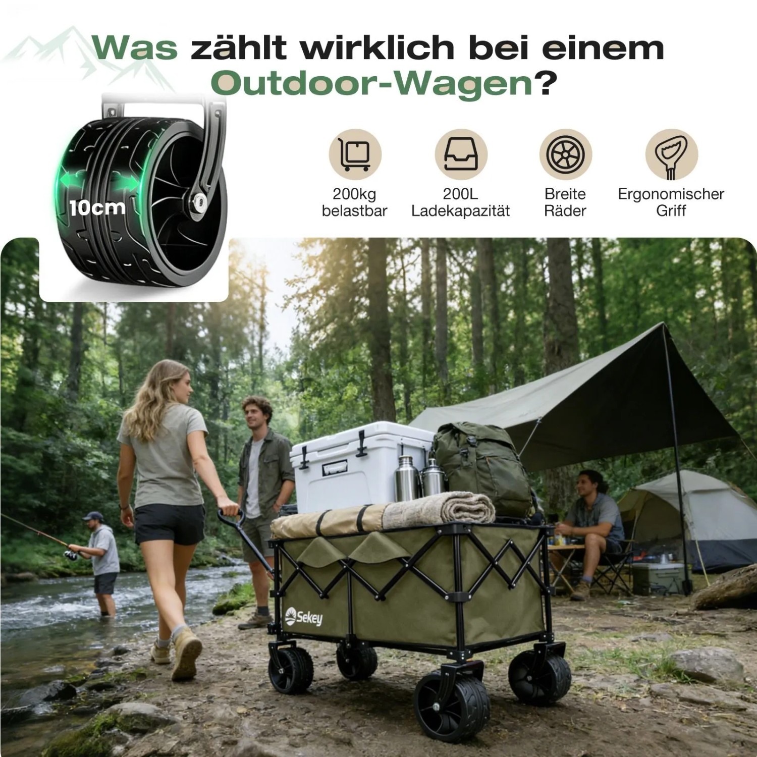 Sekey XXL Bollerwagen, olivgrün, mit All-Terrain-Rädern für Camping und Outdoor-Aktivitäten.