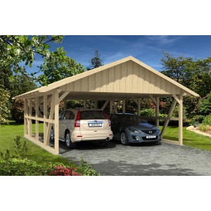 Skan Holz Carport Schwarzwald mit Abstellraum, naturbelassen, für zwei PKW.