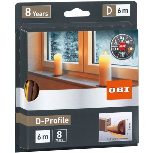 Verpackung der braunen OBI Türdichtung/Fensterdichtung aus Gummi mit D-Profil.