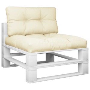 Cremefarbene, getuftete Palettenkissen aus Stoff für Sitz und Rücken, ideal als bequeme Gartenstuhlauflagen.