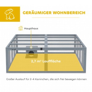 PawHut Kaninchenstall aus grauem Tannenholz mit 2,7 m² Freilaufgehege und integriertem Haupthaus für Kleintiere.