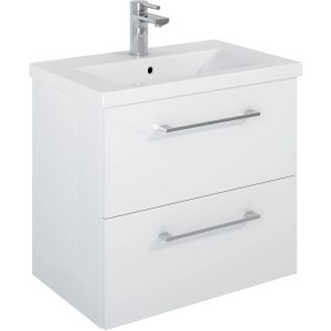 Maximus Waschbeckenunterschrank Cheese, 60 cm, Weiß Hochglanz mit 2 Schubladen und chromfarbenen Griffen.