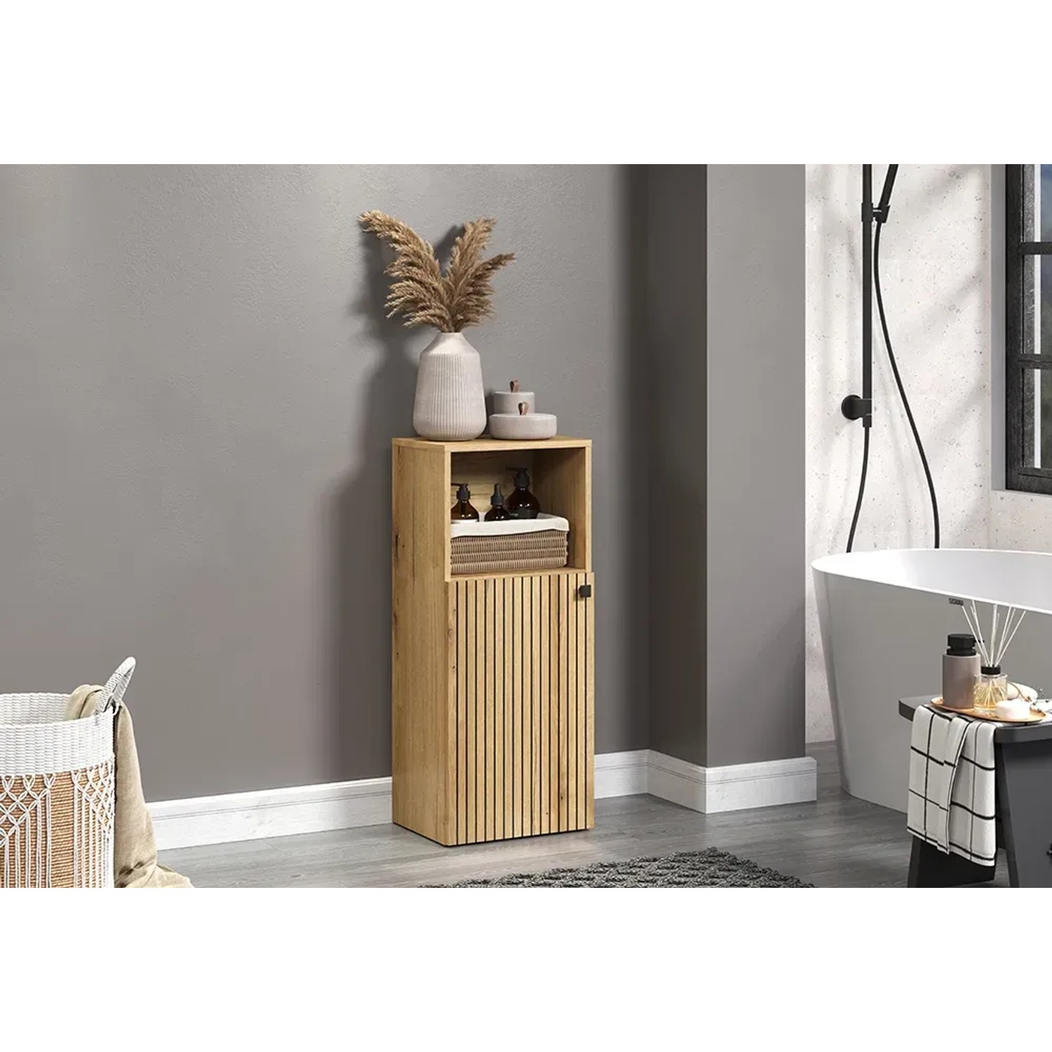 Trendteam Standschrank Pure Bliss in Artisan Eiche mit gefrästen Rillen, Badregal.