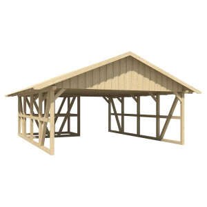 Skan Holz Carport Schwarzwald mit Dachschalung und Abstellraum, naturbelassenes Holz.