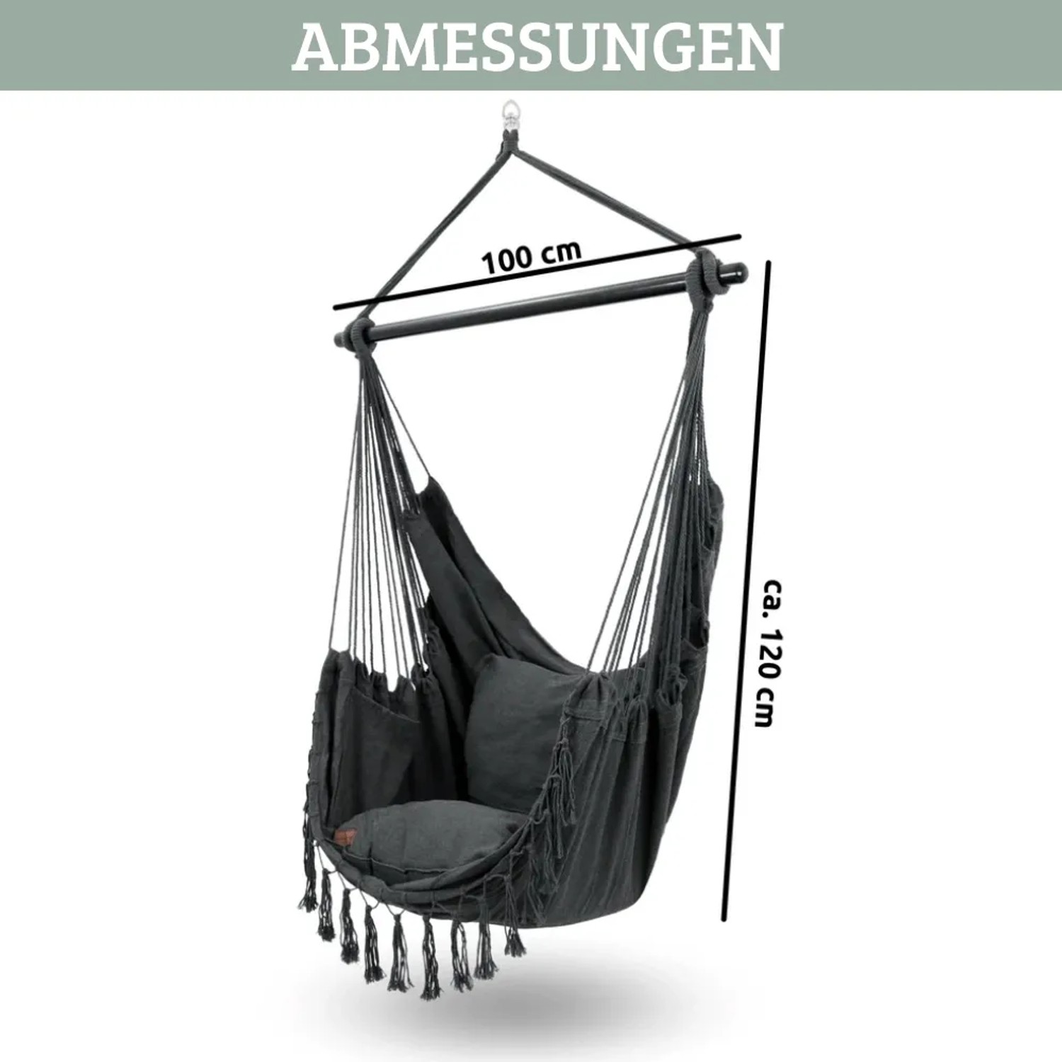DELUKE Hängesessel Indoor ohne Gestell MELA Mit Kuscheldecke Bücherfach Hängestuhl mit Kissen Hängeschaukel Outdoor bis 120kg Anthrazit_2