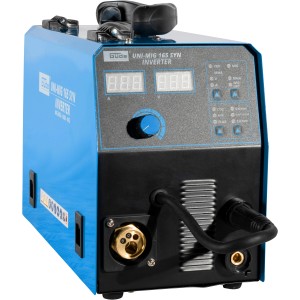 Güde Uni-Mig 165 SYN Universalschweißgerät: Inverter-Schweißgerät mit digitaler Anzeige und blauem Gehäuse.